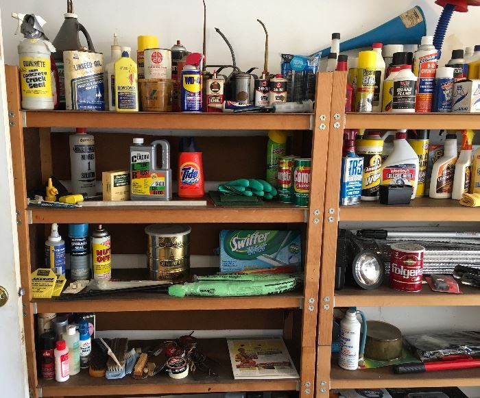 SHELVES FULL OF OIL & CLEANING SUPPLIES. 3 QUALITY GARAGE, SHED, STORE, OR HOME SHELVES
