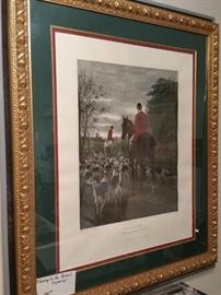 Elaborately framed 'Returning to the Kennels' engraving