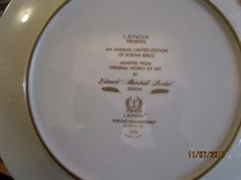 LENOX COLLECTIBLE PLATE BACK OF PLATE