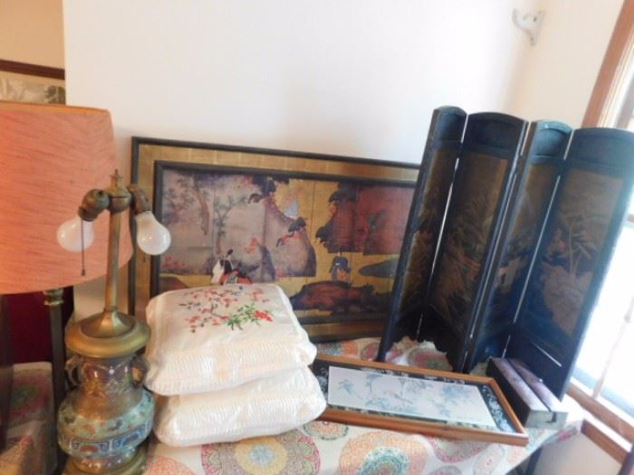 Oriental decorative pillows, Lamp and Prints 