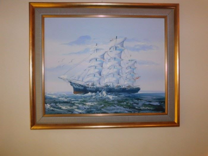 Original oil on canvas by MASKELL  Ship on Water/Sailing Ship 