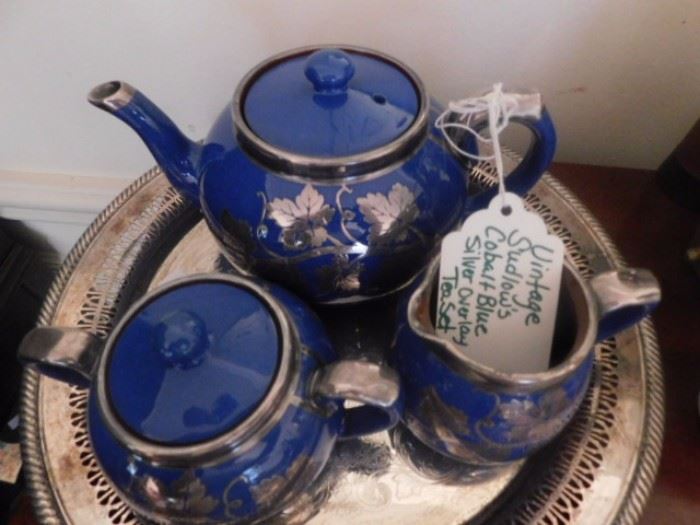 Vintage Sudlow's Cobalt blue Silver ornate overlay tea set 