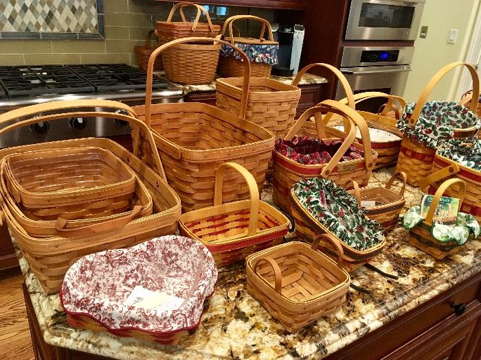 Huge collection of Longaberger baskets (including Christmas, Shamrock, Sweetheart, picnic, patriotic, signed baskets)
