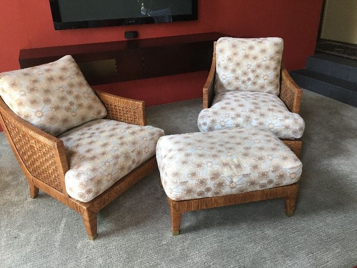 More amazing furniture pieces!  A pair of McGuire wicker lounge chairs with matching ottoman.
