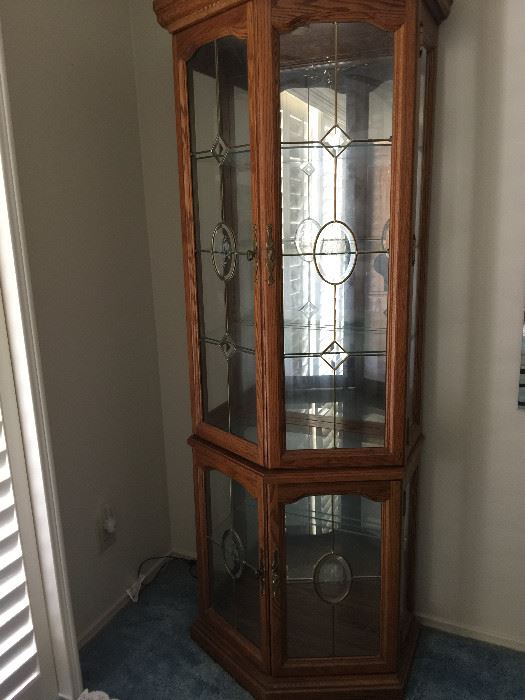 Lighted curio cabinet with etched glass in front/sides  approx 75" ht   31" w   17" depth