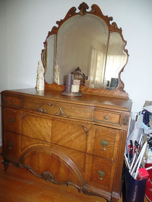 Antique  hand carved, Double bed with mattress; Man's dresser and Woman's dresser with mirror; in excellent condition