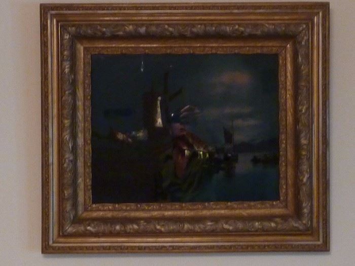 Victorian Reverse Painting on Glass- Windmill Scene