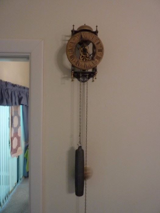 Working Hanging Clock- Pendulum & Weight- German repro.- Good Quality