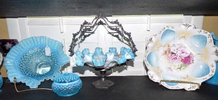 Fenton Blue opalescent ruffle bowl, dresser jar, Antique Bride's basket in Quadruple plate stand, R S Prussia handpainted bowl
