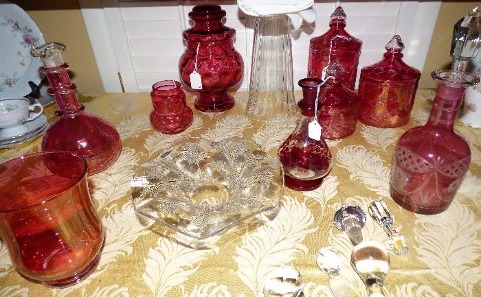 Cranberry glass decanters, canisters