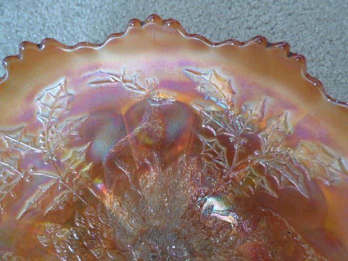Fenton "Stage & Holly" carnival glass 3 footed bowl