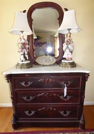 Anique mahogany marble top dresser with mirror, Italian figurial lamps