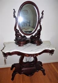 Marble Top mahogany "harp" table, antique mahogany shaving mirror