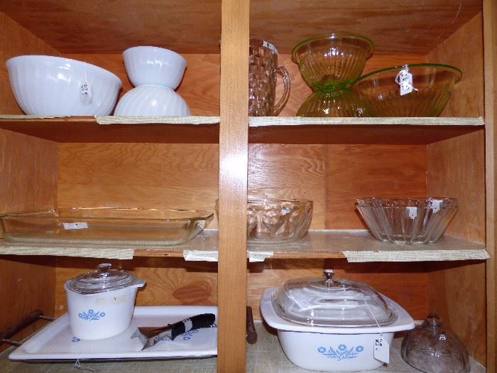 Vintage Pyrex Swirl Mixing Bowl set, Green Depression glass mixing bowl set, Vintage Corning Ware