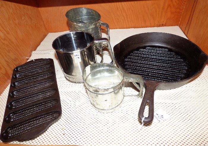 Griswold Corn Stick cast iron pan, Wagner cast iron grill skillet, various flour sifters