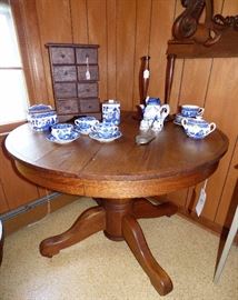 Antique oak tabl, Vintage Blue Willow serving pieces, Antique Spice Cabinet