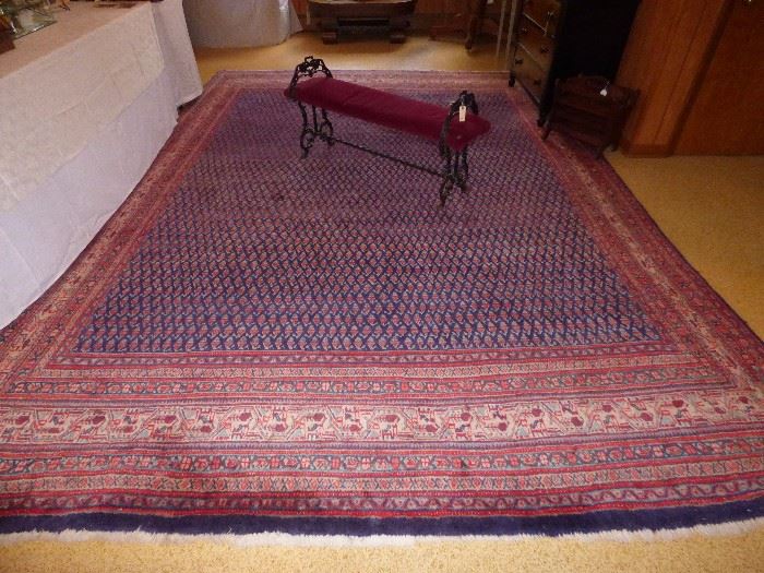 100% Wool Rug, Mashad pattern from Iran 9'10" X 13.8", Victorian Cast Iron bench