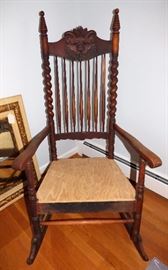 Highly unusual antique rocking chair with Lion Face on Crest & barley twist (Needs cushion)