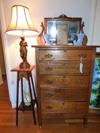 Oak Mirrored Chest of drawers, plant stand, iron figural lamp