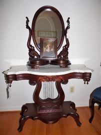 Antique Lyre marble top table, antique mahogany shaving mirror