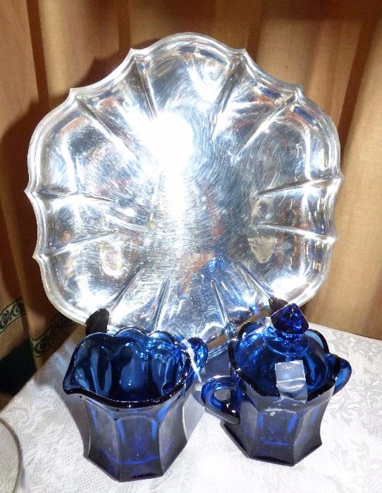 Silverplate "Chippendale" platter, cobalt blue sugar/creamer