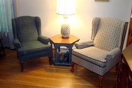 Wingback chaoirs and stand.