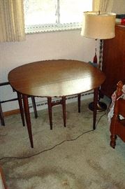 Mid century round walnut drop leaf table & vintage floor lamp.