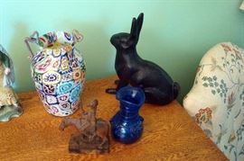 Art glass, Spanish carving & antique cast iron rabbit.