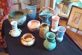 Selection of Roseville, Weller, & Rumrill art pottery.