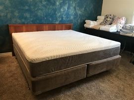 Restonic Health Rest Brio King mattress with 2 twin box springs. Supporting Dreams. Teak Veneer King headboard.