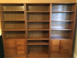 3-piece teak bookshelf and storage unit is 72.5"H