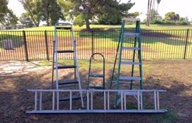 Green Fiberglass, 16' extension ladder, 5 aluminum step ladder