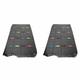 Pair of Indian Molina Blankets: A pair of matching Molina handwoven Mexican blankets. The matching blankets feature horizontal rows of stylized turquoise blue, light green, maroon and pink birds on a dark gray background. The ends of the blankets have white fringe. A tag attached to one is marked “Molina Indian Blanket – 50% Acrylic – 40% Polyester – 10% Cotton – Hand Woven Made in Mexico”.