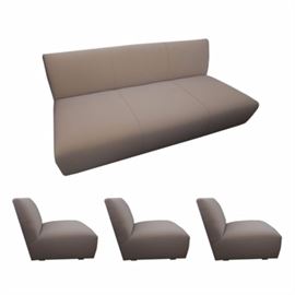 D. Langston Couch and Matching Upholstered Chairs: A contemporary couch and three matching chairs. The sofa and chairs have clean, contemporary lines. The set is upholstered in a beige wool fabric, and they rest on short wood legs. The undersides are marked “D. Langston Furniture Makers Custom Upholsterers – Denver, Colorado”.
