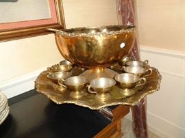 brass tray, cups, ladle & punch bowl