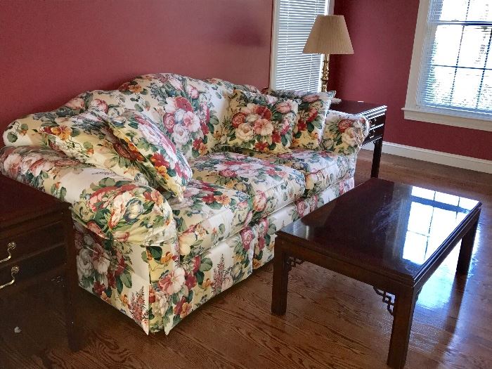 Drexel upholstered, floral sofa with Drexel coffee table and two side tables