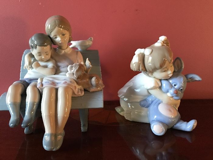 Lladro, rare no. 6446 "Surrounded by Love" and NAO Lladro Pretty Girl Hugging a Bunny