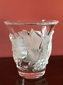Lalique Saumur vase- frosted leaves and bunches of grapes surround the body, circa 1980