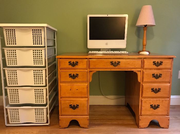 Vintage Whitney desk, Apple Desk Top and storage unit bin