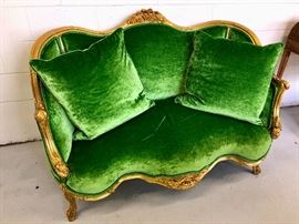 19th C. French, gold gilt settee. Green Velvel upholstery.