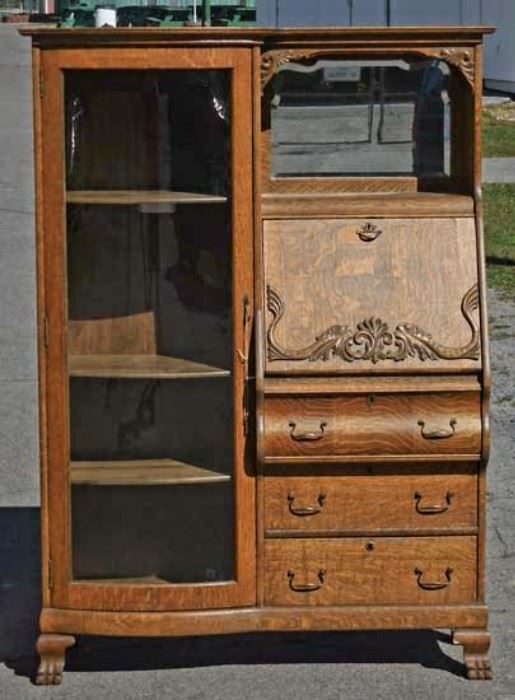 Oak side by side secretary/bookcase paw feet