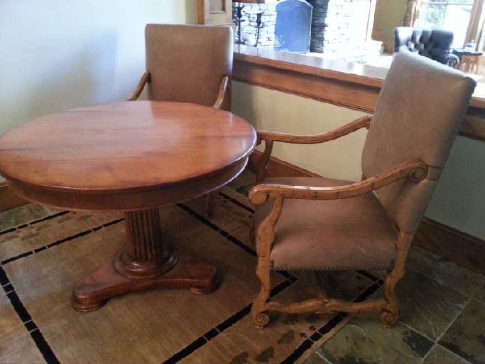  Baker Milling table originally $3500 asking $900, it measures 42" in diameter x 30"high  chairs originally $1800 each from Maitland Smith, asking $900 for the pair 24"w x 23"d x 43"h