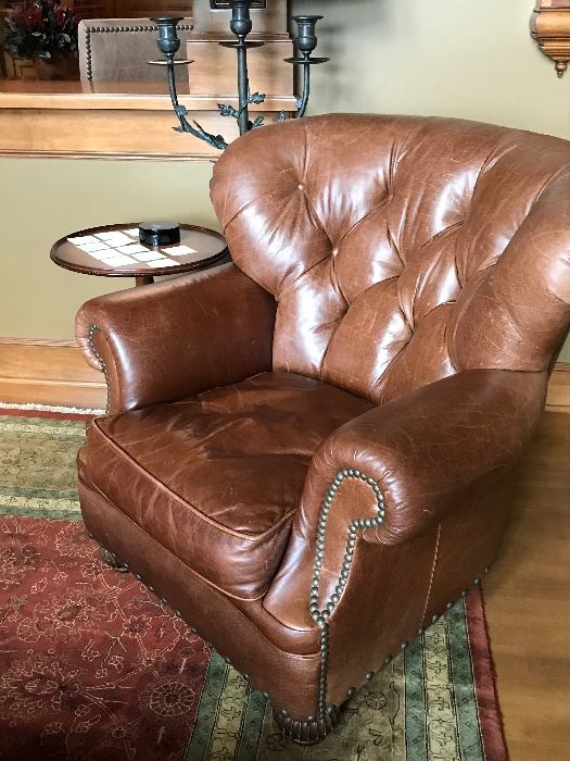 Leather armchair and ottoman from Lillian August 24d x 42"w x 41"high ottoman is 21"d x 31"w x 18"h originally $3500 asking $480