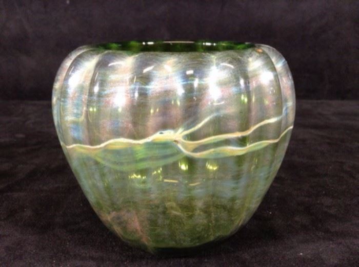 Iridescent blown glass bowl signed by artist