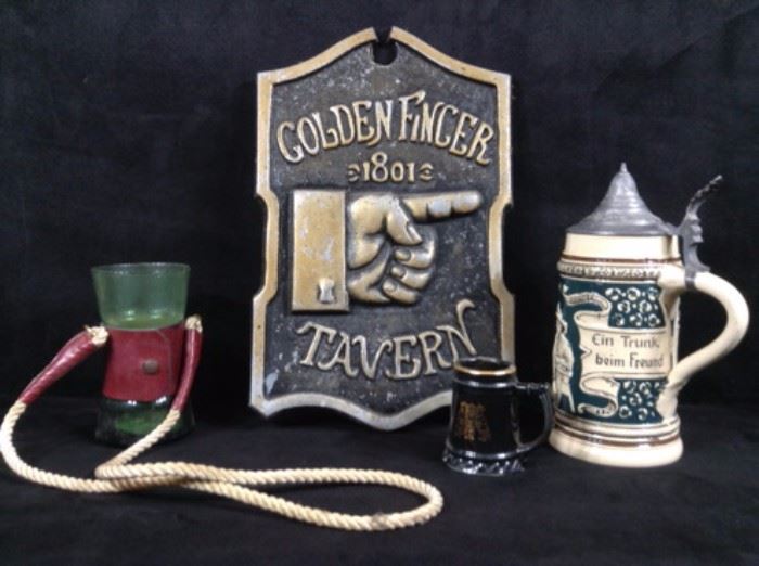Vintage WSU mug, german tankard, tavern sign and wine tasting cup on a rope