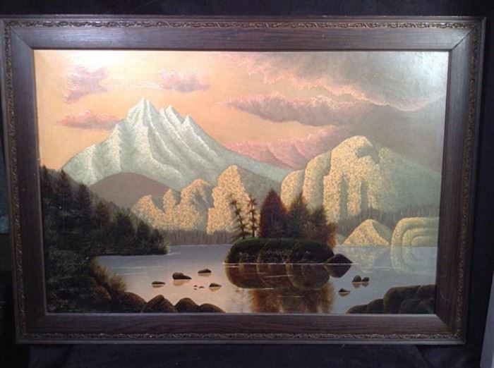 Early framed folk art painting of mountain and lake scene. Oil on canvas. Charming