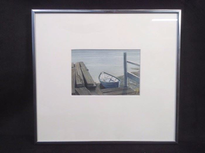 Watercolor of boat at dock signed by artist