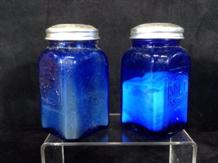 Blue glass salt and pepper shakers