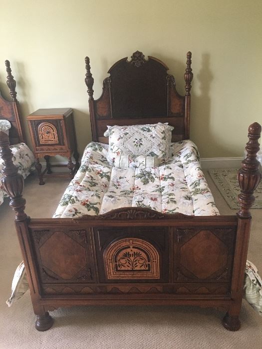 WOOD INLAY TWIN BEDS, NIGHT STAND VANITY AND CHEST OF DRAWERS 