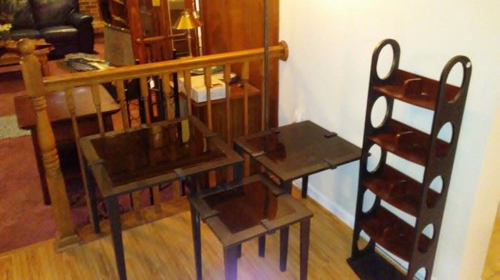 nesting table, metal and glass, and a dvd stand